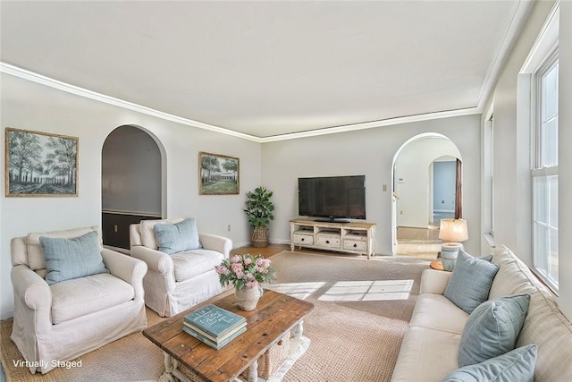 carpeted living room featuring crown molding