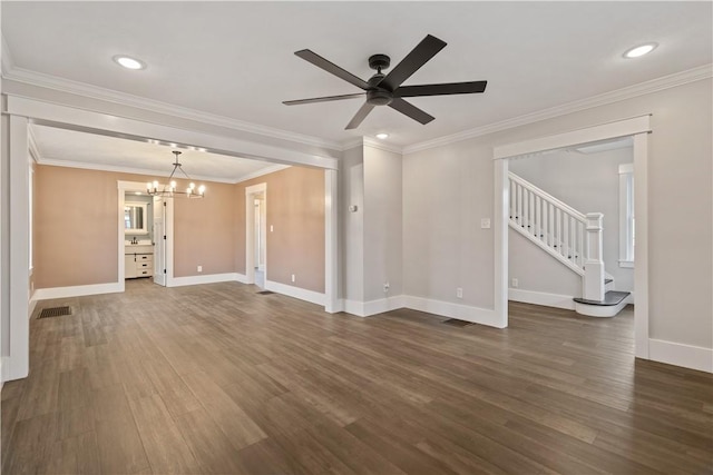 unfurnished living room with ceiling fan with notable chandelier, dark hardwood / wood-style flooring, and crown molding