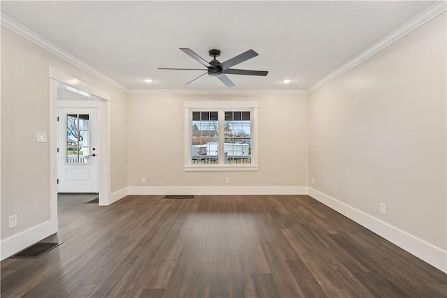 unfurnished room with ceiling fan, crown molding, and dark wood-type flooring