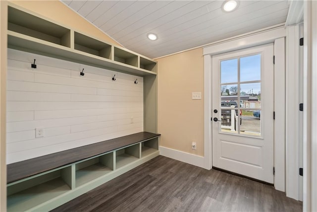 mudroom featuring dark hardwood / wood-style flooring, wooden ceiling, and vaulted ceiling