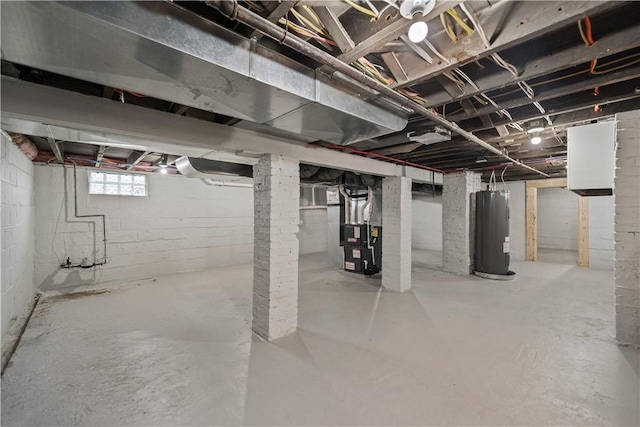 basement with heating unit and water heater