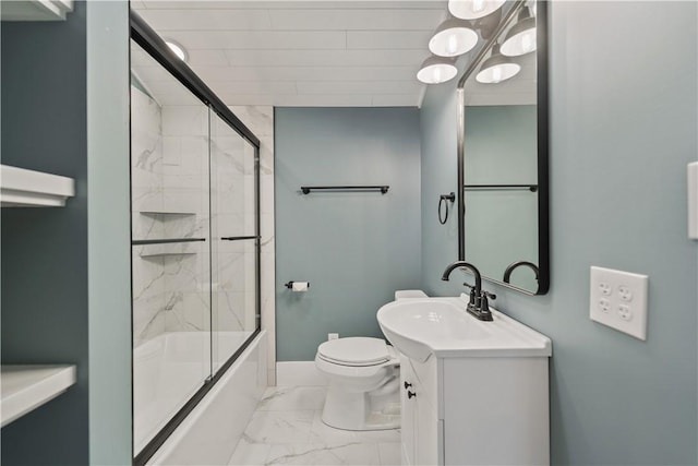 full bathroom with shower / bath combination with glass door, vanity, and toilet