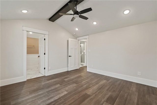 unfurnished bedroom with vaulted ceiling with beams, hardwood / wood-style flooring, ensuite bath, and ceiling fan