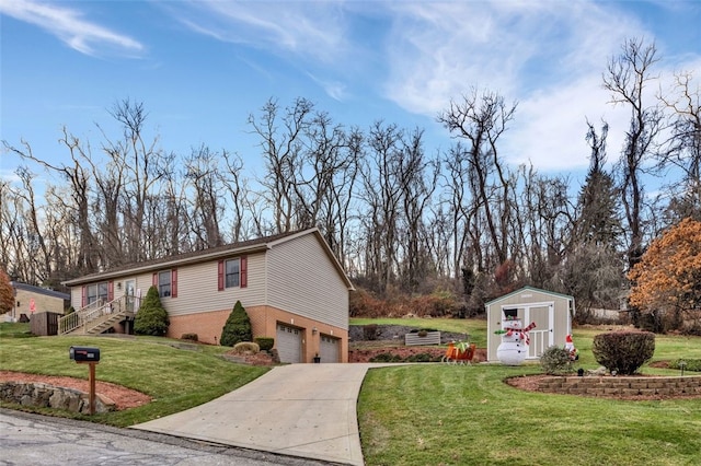 view of home's exterior featuring a yard, a shed, and a garage