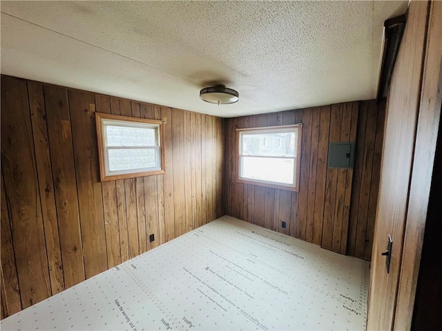 spare room with wooden walls, carpet flooring, and a textured ceiling