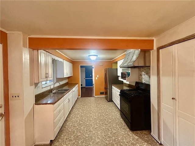 kitchen featuring white cabinetry, sink, stainless steel appliances, ventilation hood, and ornamental molding