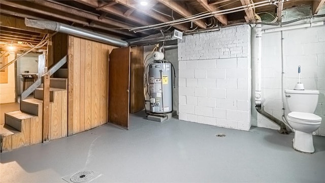 basement featuring wood walls and gas water heater