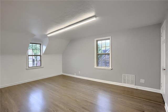 additional living space with lofted ceiling, plenty of natural light, a textured ceiling, and hardwood / wood-style flooring