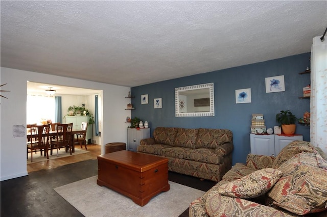 living room with dark hardwood / wood-style flooring and a textured ceiling