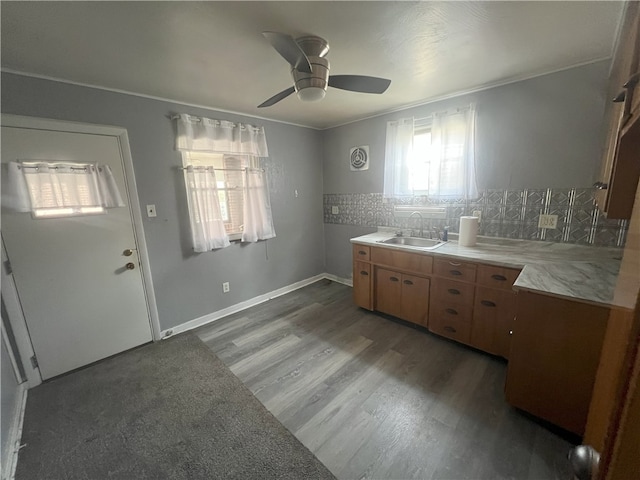 interior space with ceiling fan, sink, tasteful backsplash, wood-type flooring, and ornamental molding