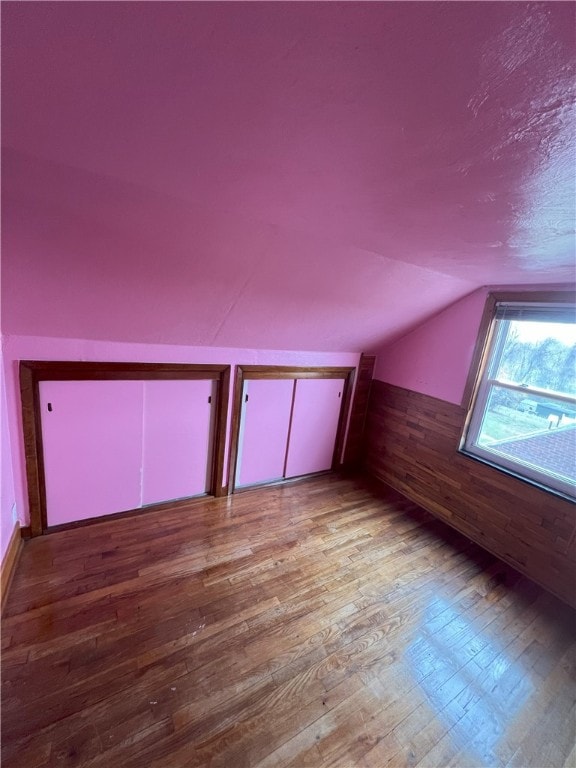 additional living space featuring light hardwood / wood-style floors and lofted ceiling