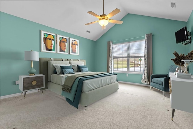 bedroom with ceiling fan, light colored carpet, and high vaulted ceiling