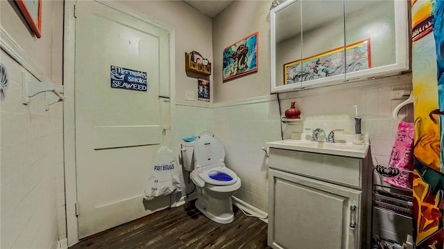 bathroom with vanity, toilet, and wood-type flooring