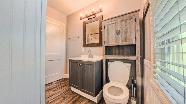 bathroom featuring toilet, vanity, and hardwood / wood-style flooring