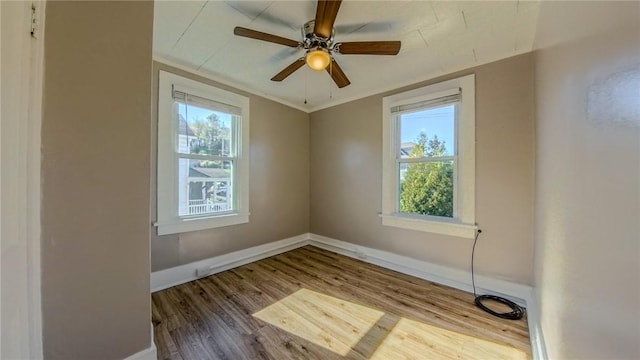 empty room with ceiling fan, wood-type flooring, and a wealth of natural light