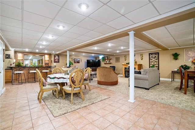 204 S Links Ave, Twp Of But Nw, PA 16001 - dining space with light carpet, a drop ceiling, baseboards, light tile patterned floors, and ornate columns