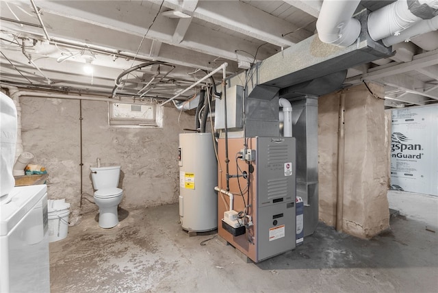 interior space featuring electric water heater, washer / clothes dryer, and heating unit