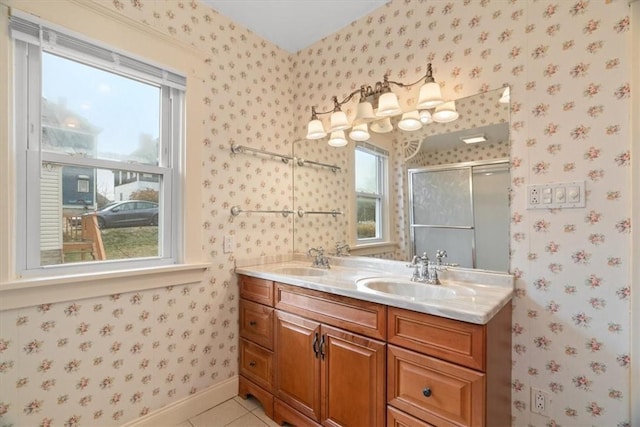 2035 Biggs Ave, Fineview, PA 15214 - bathroom with wallpapered walls, a shower stall, double vanity, and tile patterned floors