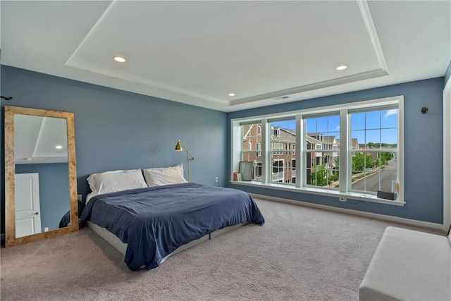 bedroom featuring carpet and a tray ceiling