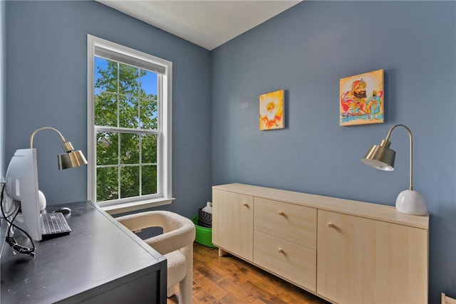 office area with dark hardwood / wood-style flooring