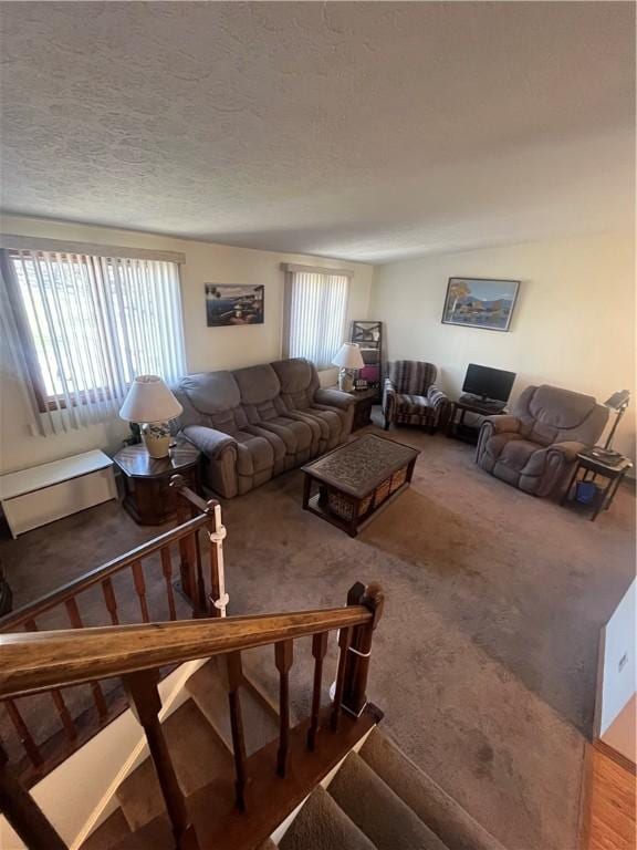 carpeted living room featuring a textured ceiling