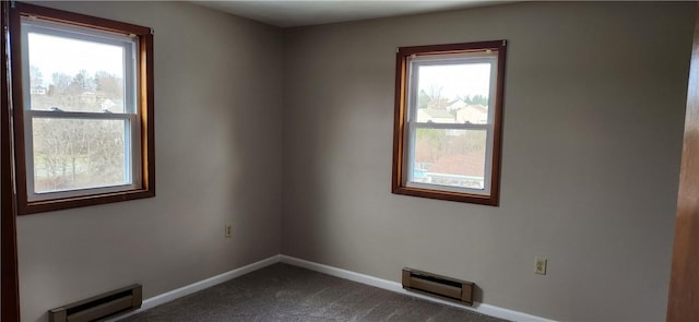 spare room with carpet flooring, plenty of natural light, and a baseboard radiator