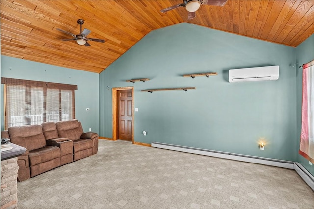 unfurnished living room featuring wooden ceiling, a baseboard radiator, an AC wall unit, lofted ceiling, and light carpet