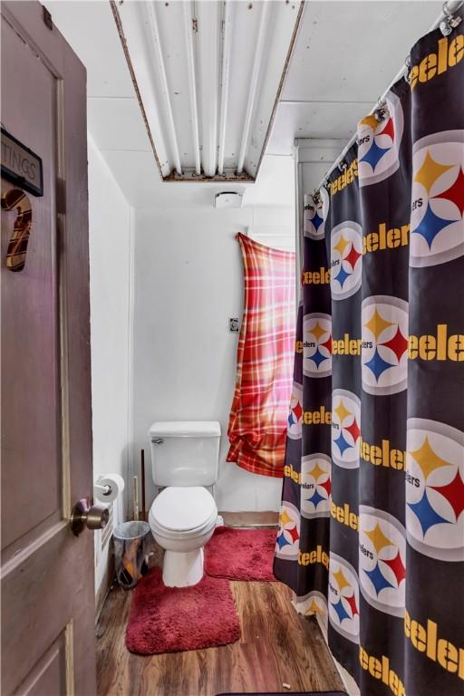 bathroom with hardwood / wood-style floors and toilet