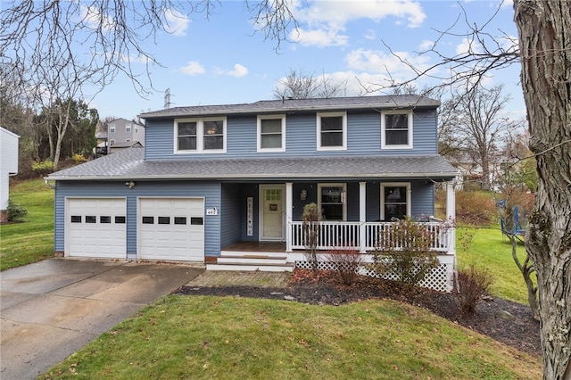 view of front property with a porch, a garage, and a front lawn