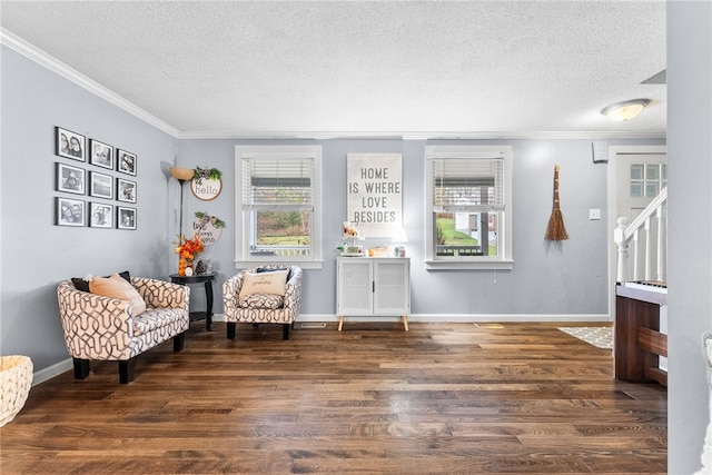 living area featuring a textured ceiling, crown molding, and dark wood-type flooring