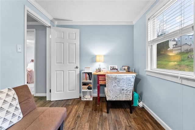 office area with crown molding and dark wood-type flooring