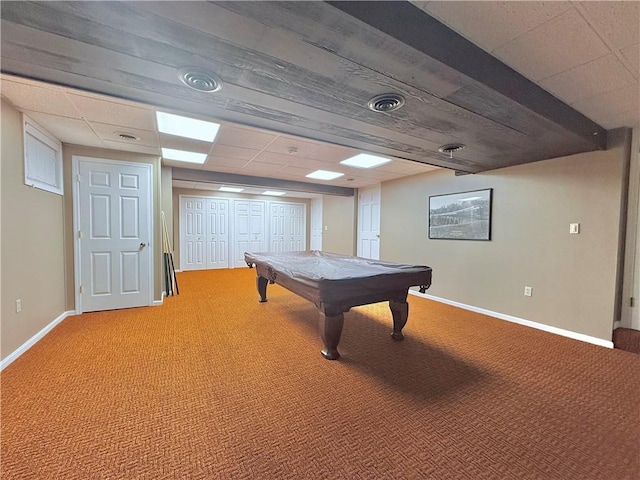 playroom with carpet floors, a paneled ceiling, and pool table