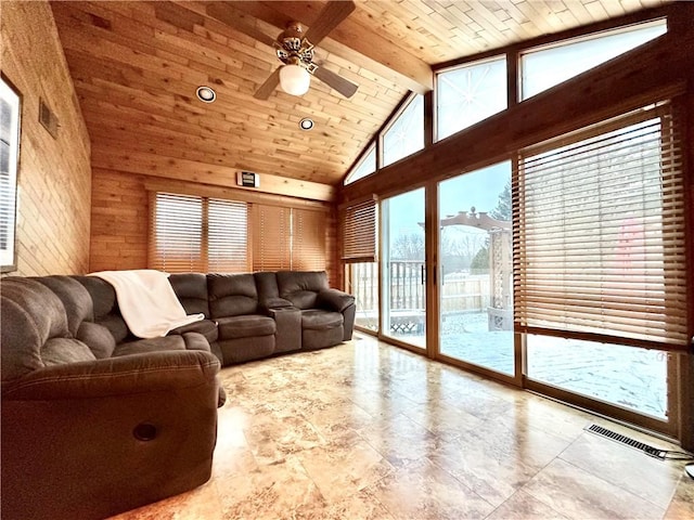 living room featuring wooden ceiling, high vaulted ceiling, wooden walls, ceiling fan, and beam ceiling