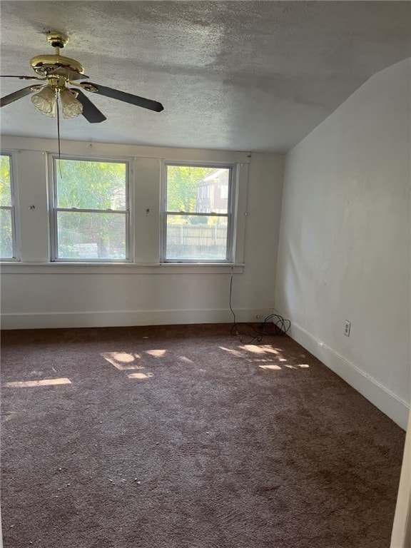 carpeted empty room with a textured ceiling, a wealth of natural light, and ceiling fan