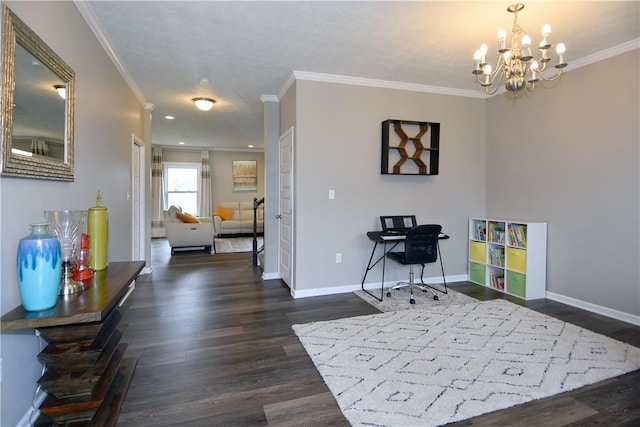 office with a notable chandelier, dark hardwood / wood-style floors, and crown molding