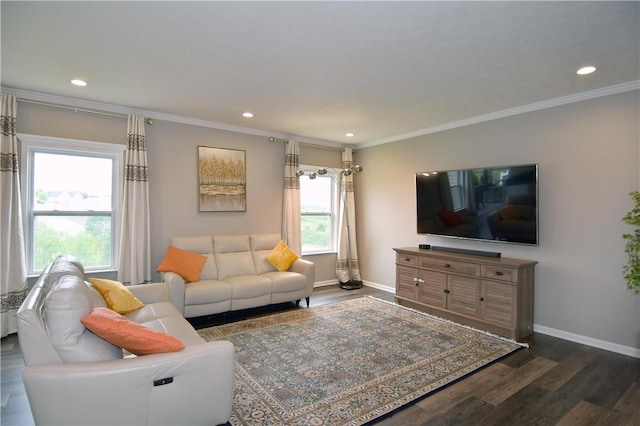 living room with ornamental molding and dark wood-type flooring