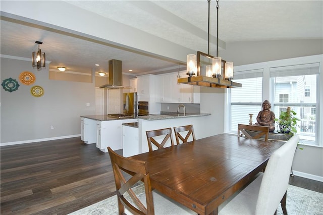 dining space with dark hardwood / wood-style floors, lofted ceiling, and sink