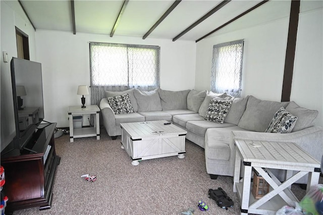 living room featuring carpet and lofted ceiling with beams