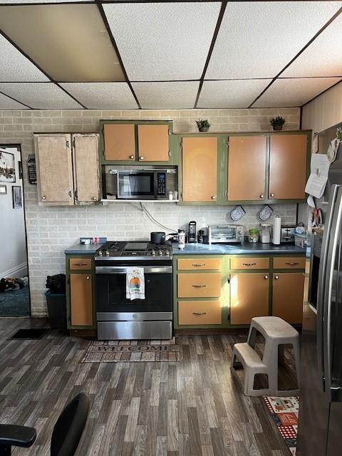 kitchen featuring a paneled ceiling, decorative backsplash, stainless steel appliances, and dark wood-type flooring