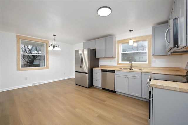 kitchen with light hardwood / wood-style floors, stainless steel appliances, sink, pendant lighting, and gray cabinets