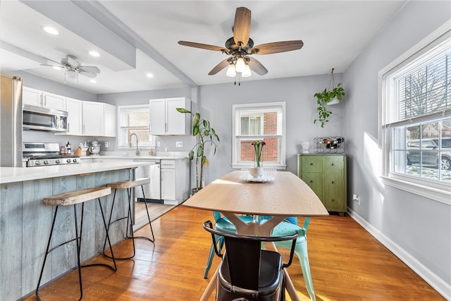 dining room featuring light hardwood / wood-style flooring, plenty of natural light, and sink