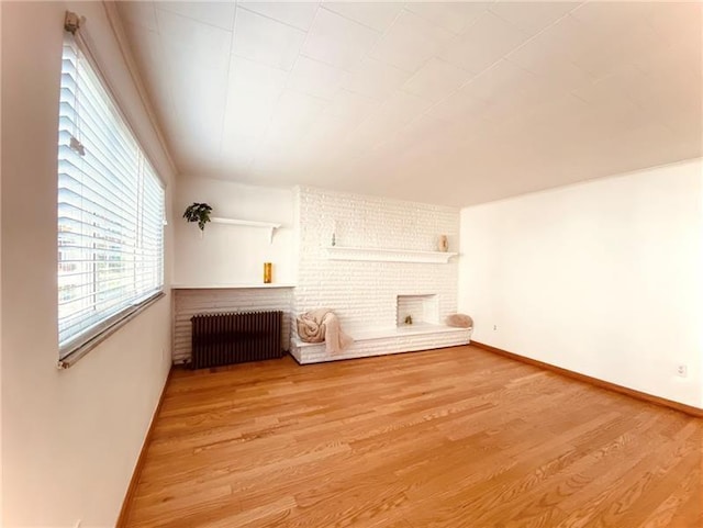 interior space with radiator heating unit and light hardwood / wood-style floors