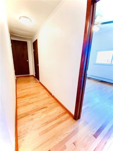 hall with light hardwood / wood-style floors and ornamental molding