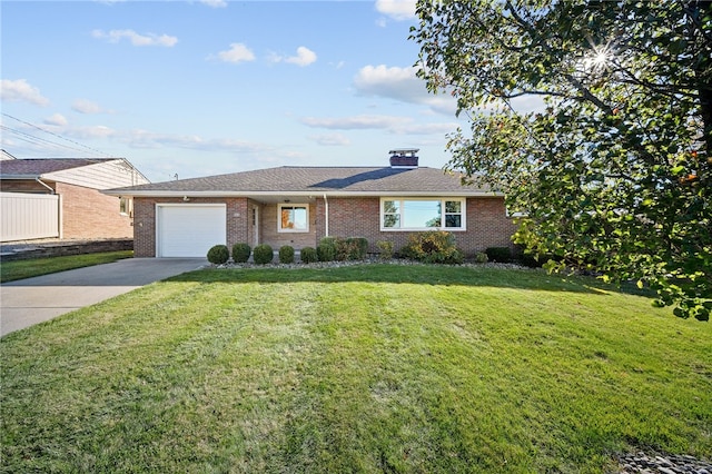 ranch-style home with a front lawn and a garage