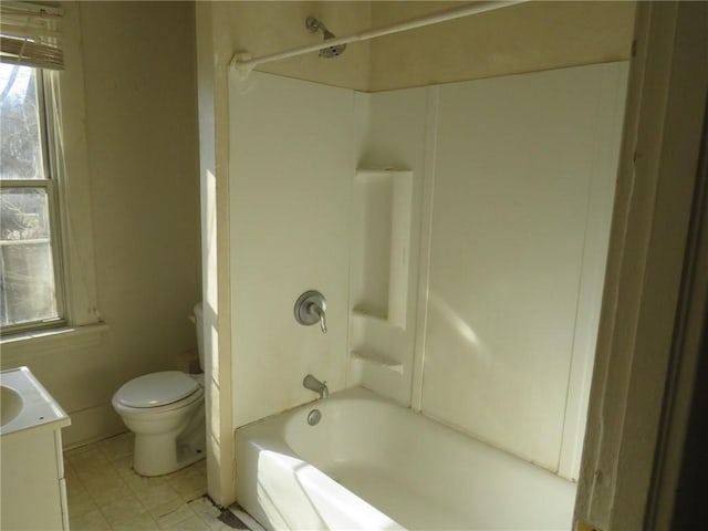 full bathroom with shower / bathing tub combination, vanity, and toilet