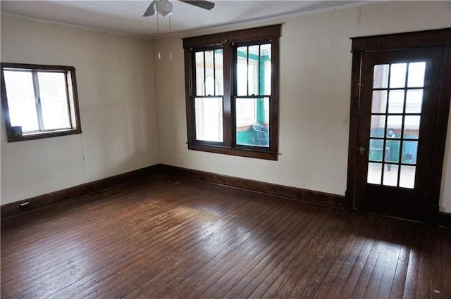 115 Ross St, Confluence Boro, PA 15424 - unfurnished room featuring dark wood finished floors, ornamental molding, ceiling fan, and baseboards