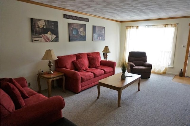 carpeted living room featuring a textured ceiling and ornamental molding