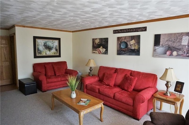 carpeted living room with crown molding and a textured ceiling