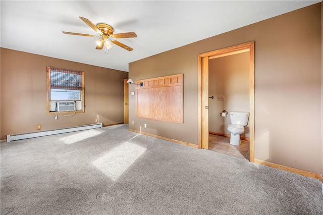 unfurnished bedroom with baseboard heating, ceiling fan, ensuite bathroom, and light colored carpet