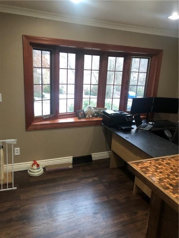 interior space featuring plenty of natural light, dark hardwood / wood-style flooring, and ornamental molding